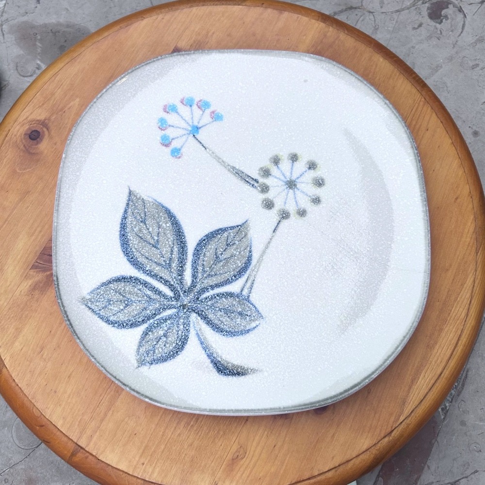 Vintage Wall Plate Large Blue Grey Atomic Leaf Dandelion MCM Japan Ceramic Tray